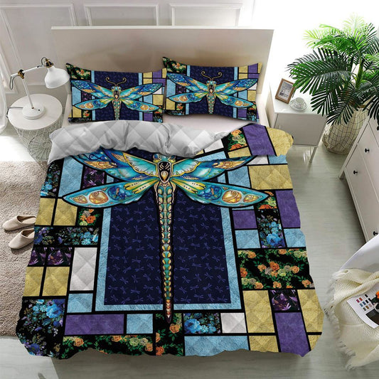 Hippie Bedding Set Dragonfly Hippie Flower Pattern Duvet Covers Blue Unique Gift