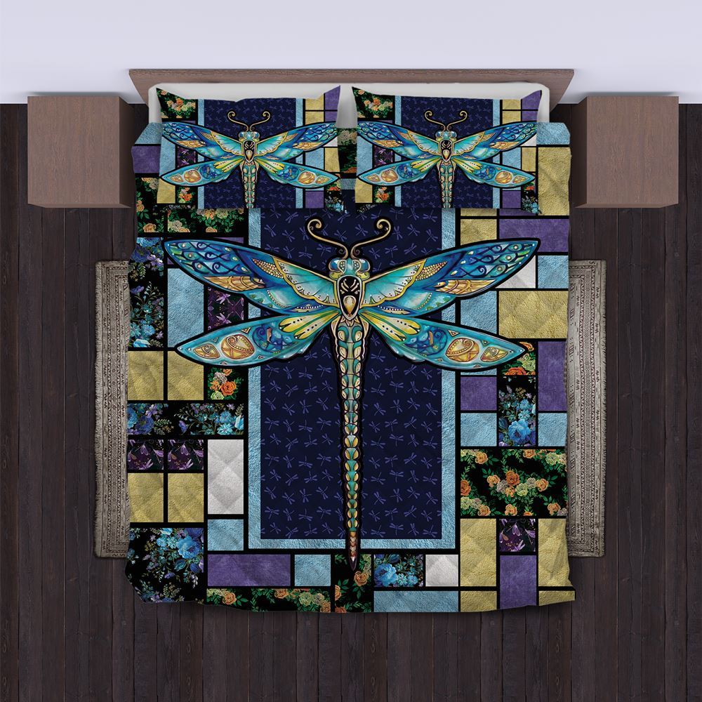 Hippie Bedding Set Dragonfly Hippie Flower Pattern Duvet Covers Blue Unique Gift