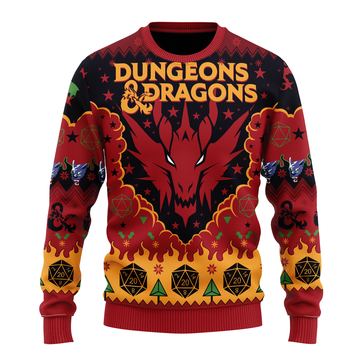 Dungeon And Dragon Sweatshirt Dragon And Fire Dice Pattern Sweatshirt Red Yellow Unisex