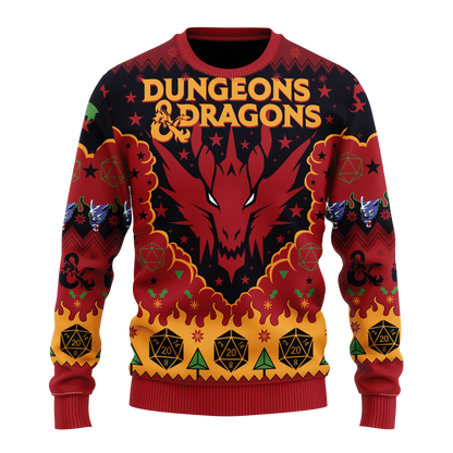 Dungeon And Dragon Sweatshirt Dragon And Fire Dice Pattern Sweatshirt Red Yellow Unisex