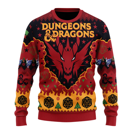 Dungeon And Dragon Sweatshirt Dragon And Fire Dice Pattern Sweatshirt Red Yellow Unisex