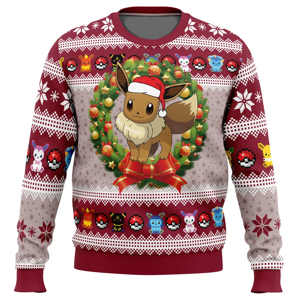 PKM Sweatshirt Eevee Christmas Wreath Pokeball Pattern Sweatshirt Red Unisex