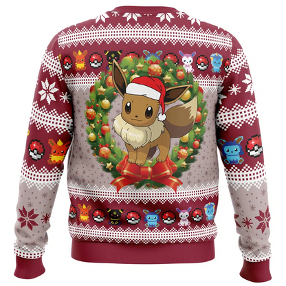 PKM Sweatshirt Eevee Christmas Wreath Pokeball Pattern Sweatshirt Red Unisex