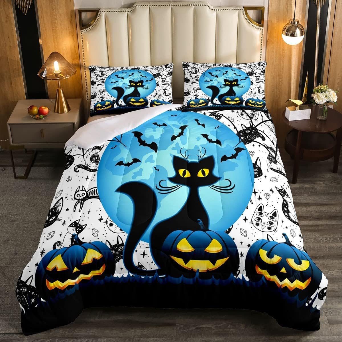 Halloween Bedding Set Enchanting Witch Cat Halloween Duvet Covers Blue White Unique Gift