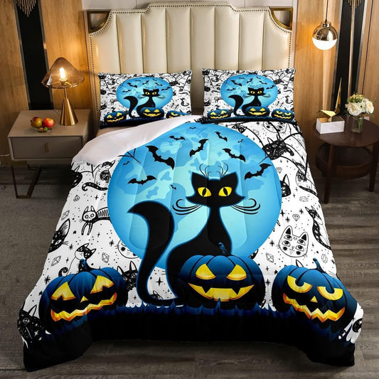 Halloween Bedding Set Enchanting Witch Cat Halloween Duvet Covers Blue White Unique Gift