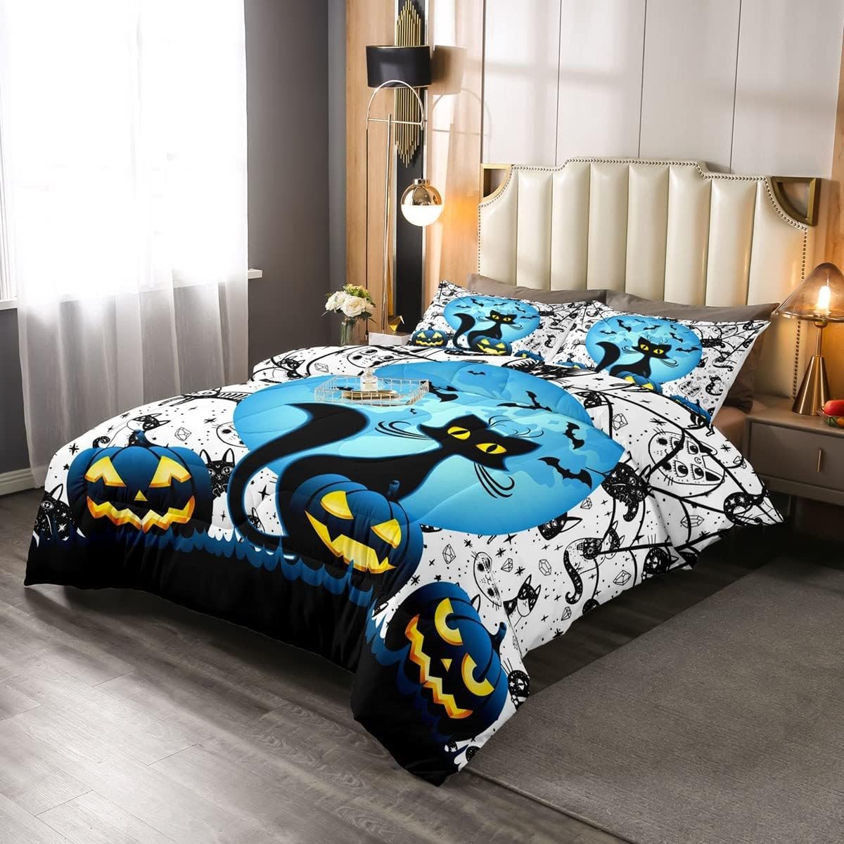 Halloween Bedding Set Enchanting Witch Cat Halloween Duvet Covers Blue White Unique Gift