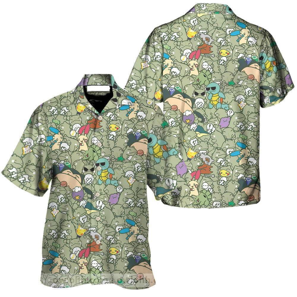 PKM Hawaii Shirt All PKM Graphic Doodle Pattern Aloha Shirt Green Unisex