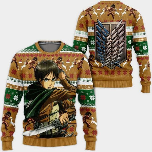 Attack On Titan Sweatshirt Attack On Titan Xmas Eren Yeager Sweatshirt Brown Unisex Adults