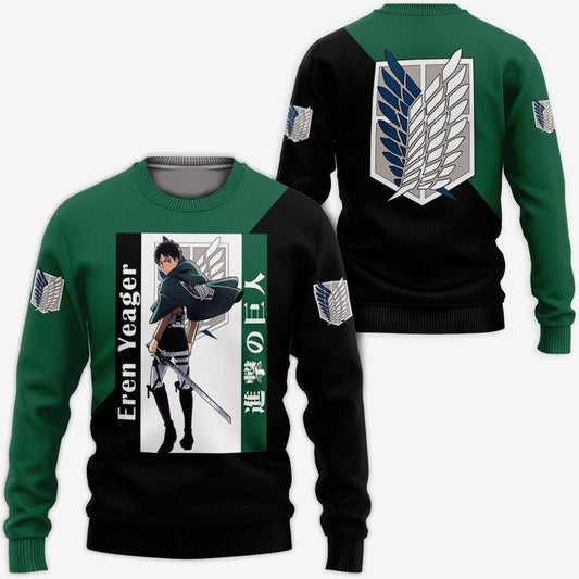 Attack On Titan Sweatshirt Eren Yeager Character Sweatshirt Black Green Unisex Adults