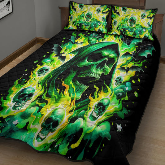 Skull Bedding Set Flaming Skull And Bat Pattern Duvet Covers Green Unique Gift