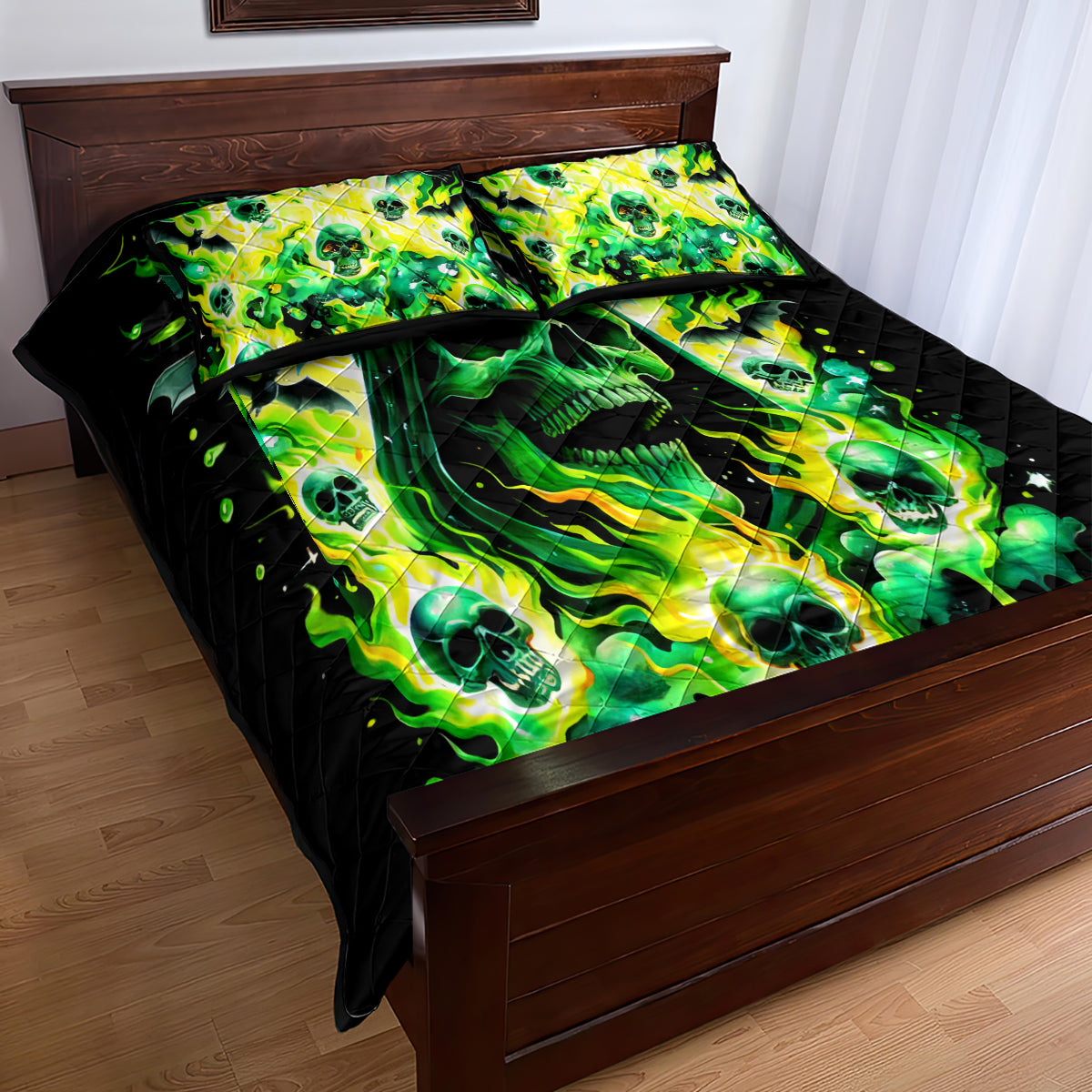 Skull Bedding Set Flaming Skull And Bat Pattern Duvet Covers Green Unique Gift