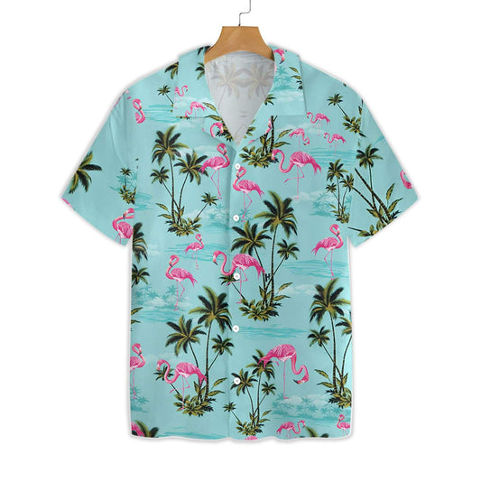 Unifinz Flamingo Hawaiian Shirt Blue Flamingo Palm Tree Hawaii Shirt Flamingo Aloha Shirt 2022