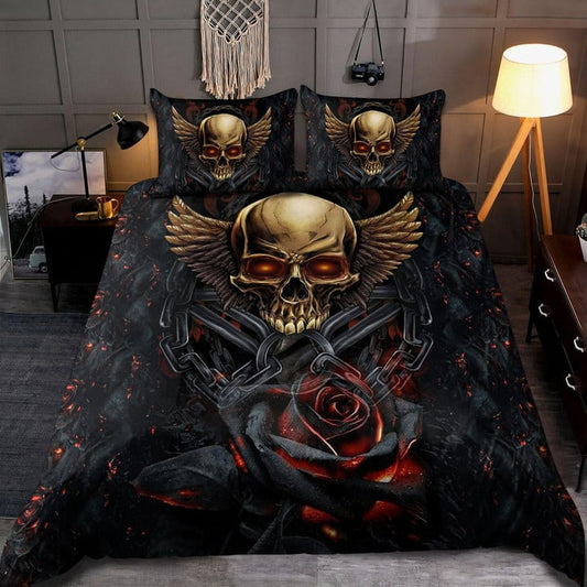 Skull Bedding Set Rose And Chain Winged Skull Duvet Covers Black Unique Gift