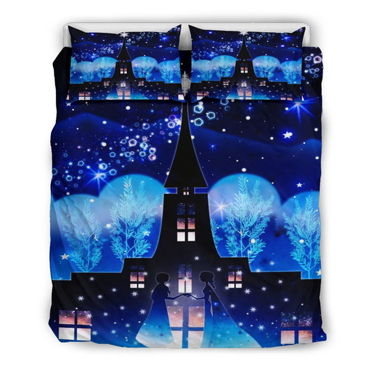 Frozen Bedding Set Elsa And Anna Snowy Castle Silhouette Duvet Covers Blue Unique Gift