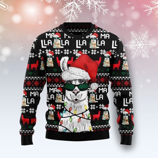 Llama Christmas Ugly Sweater Cool Llama With Sunglasses Christmas Hat Light Black Sweater