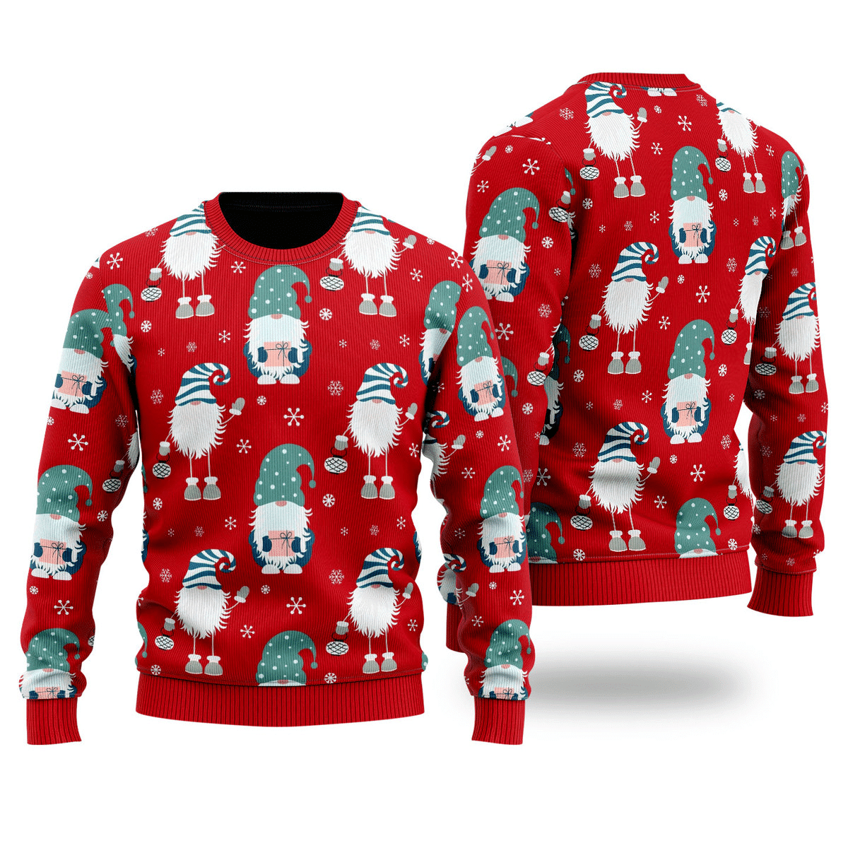 Gnome Sweatshirt Gnome And Snowflakes Pattern Sweatshirt Red Unisex