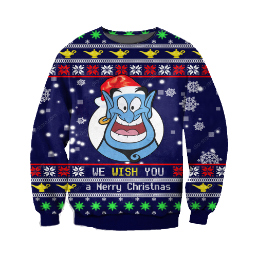 DN Chrsitmas Ugly Sweater Genie We Wish You A Merry Christmas Blue Sweater