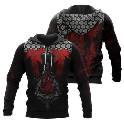  Viking T-shirt Viking Raven And Axe Triple Horn Symbol Red Black Shirt Viking Hoodie Full Print Full Size