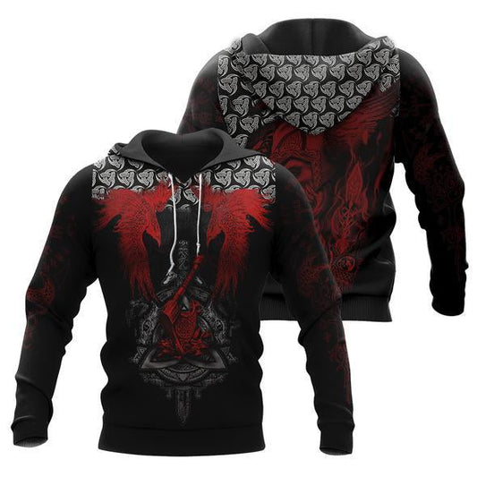  Viking T-shirt Viking Raven And Axe Triple Horn Symbol Red Black Shirt Viking Hoodie Full Print Full Size