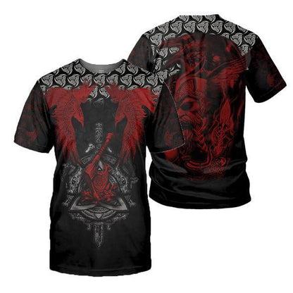  Viking T-shirt Viking Raven And Axe Triple Horn Symbol Red Black Shirt Viking Hoodie Full Print Full Size