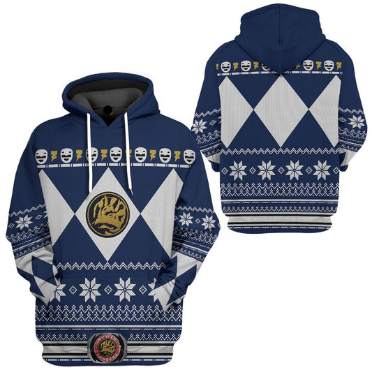 Power Ranger Hoodie Blue Mighty Morphin Power Ranger Christmas Pattern Hoodie Blue White Unisex