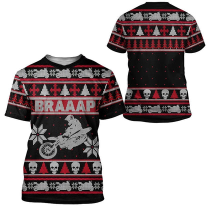 Motorcycle Hoodie Braaap Dirt Bike Christmas Pattern T-shirt Black Red Unisex