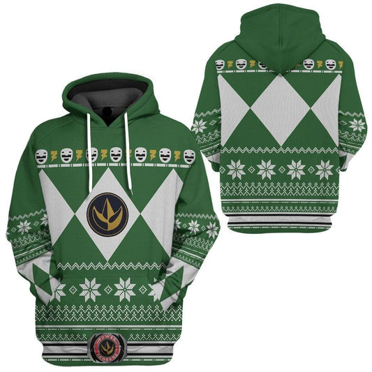 Power Ranger Hoodie Green Mighty Morphin Power Ranger Christmas Pattern Hoodie Green White Unisex