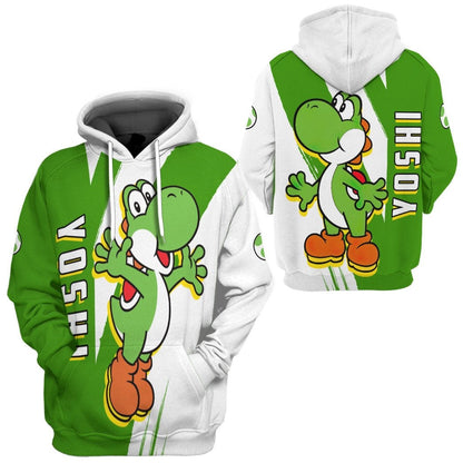 Mario Hoodie Yoshi Dinosaur Character Graphic T-shirt White Green Unisex