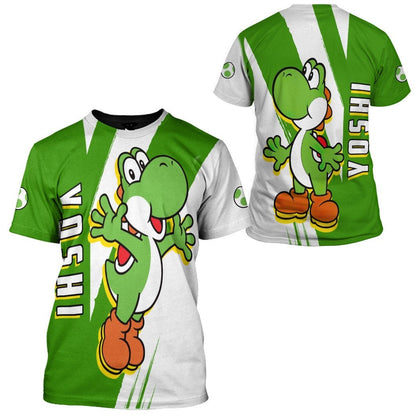 Mario Hoodie Yoshi Dinosaur Character Graphic T-shirt White Green Unisex