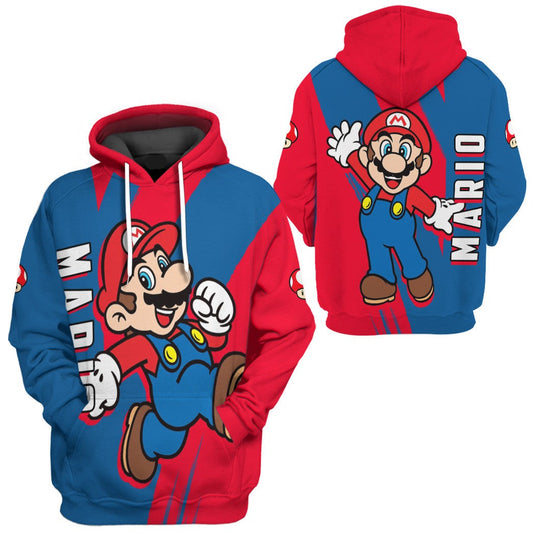 Mario Hoodie Happy Mario Character T-shirt Red Blue Unisex