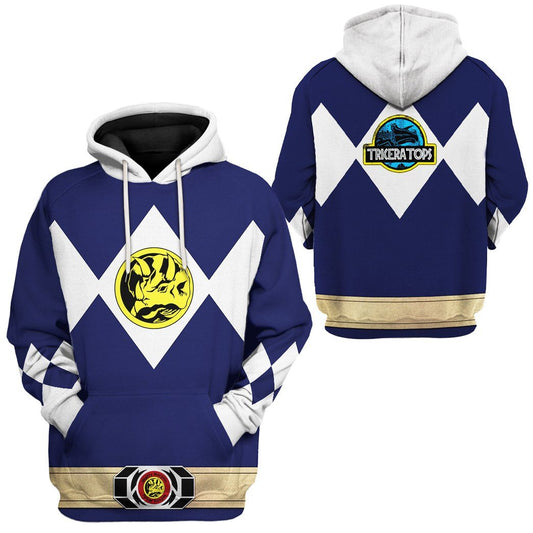 Power Ranger Hoodie Blue Mighty Morphin Power Ranger Triceratops Hoodie Blue White Unisex