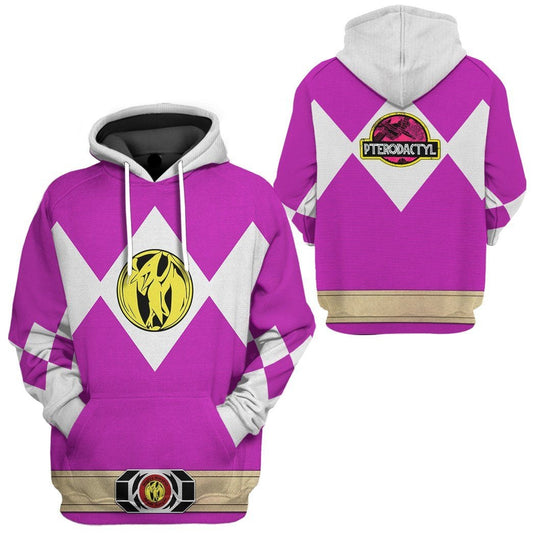 Power Ranger Hoodie Pink Mighty Morphin Power Ranger Pterodactyl Hoodie Pink White Unisex