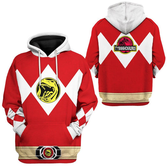 Power Ranger Hoodie Red Mighty Morphin Power Ranger Tyrannosaurus Hoodie Red White Unisex