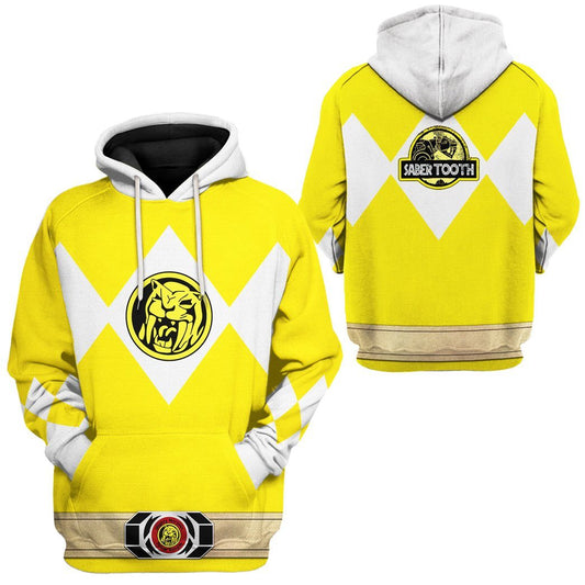 Power Ranger Hoodie Yellow Mighty Morphin Power Ranger Sabertooth Hoodie White Yellow Unisex