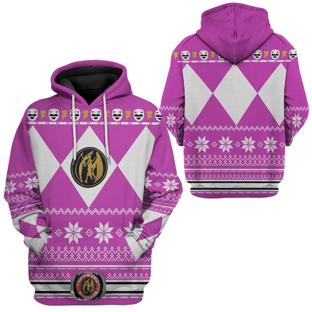 Power Ranger Hoodie Pink Mighty Morphin Power Ranger Christmas Pattern Hoodie Pink White Unisex