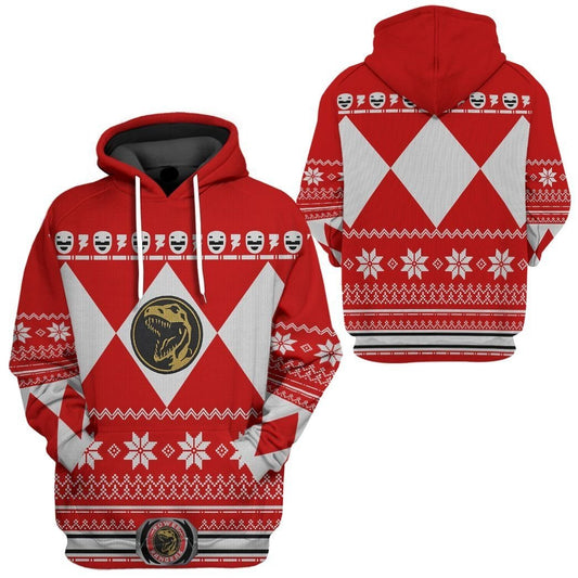 Power Ranger Hoodie Red Mighty Morphin Power Ranger Christmas Pattern Hoodie Red White Unisex