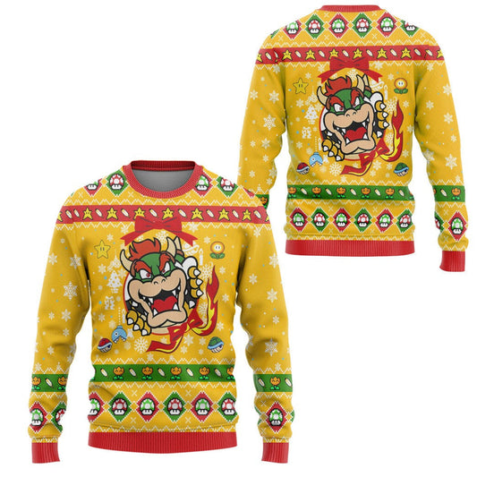 Mario Sweatshirt Super Mario Bowser Christmas Pattern Sweatshirt Yellow Unisex Adults New Release