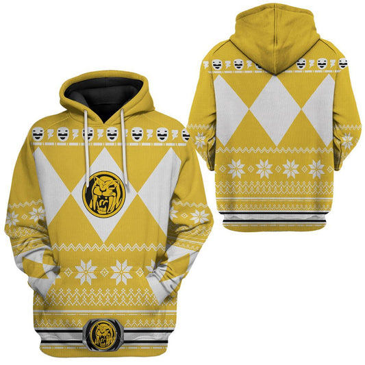 Power Ranger Hoodie Yellow Mighty Morphin Power Ranger Christmas Pattern Hoodie Yellow White Unisex