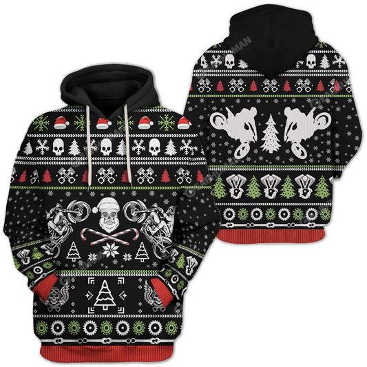 Motorcycle Hoodie Biker Skull Motorcycle Chrsitmas Pattern T-shirt Black Unisex