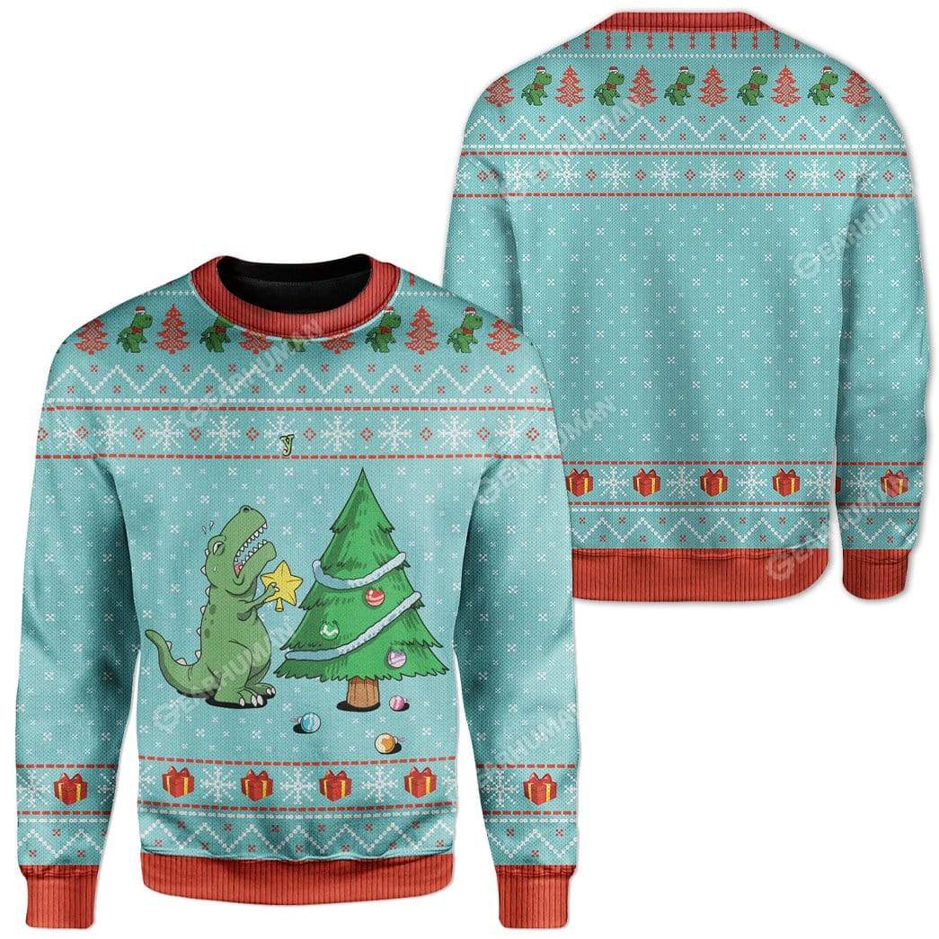 Dinosaur Sweatshirt Short Arms T-rex Decorates Christmas Tree Sweatshirt Blue Unisex