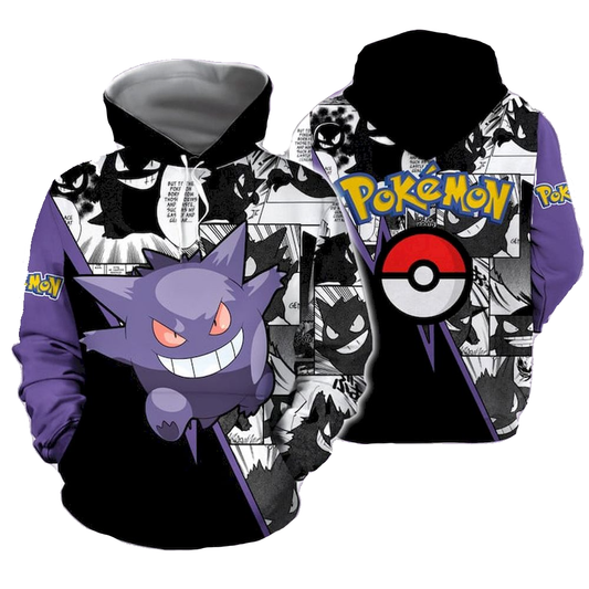 PKM Hoodie PKM Gengar Graphic Manga Pattern Hoodie Purple Black Unisex