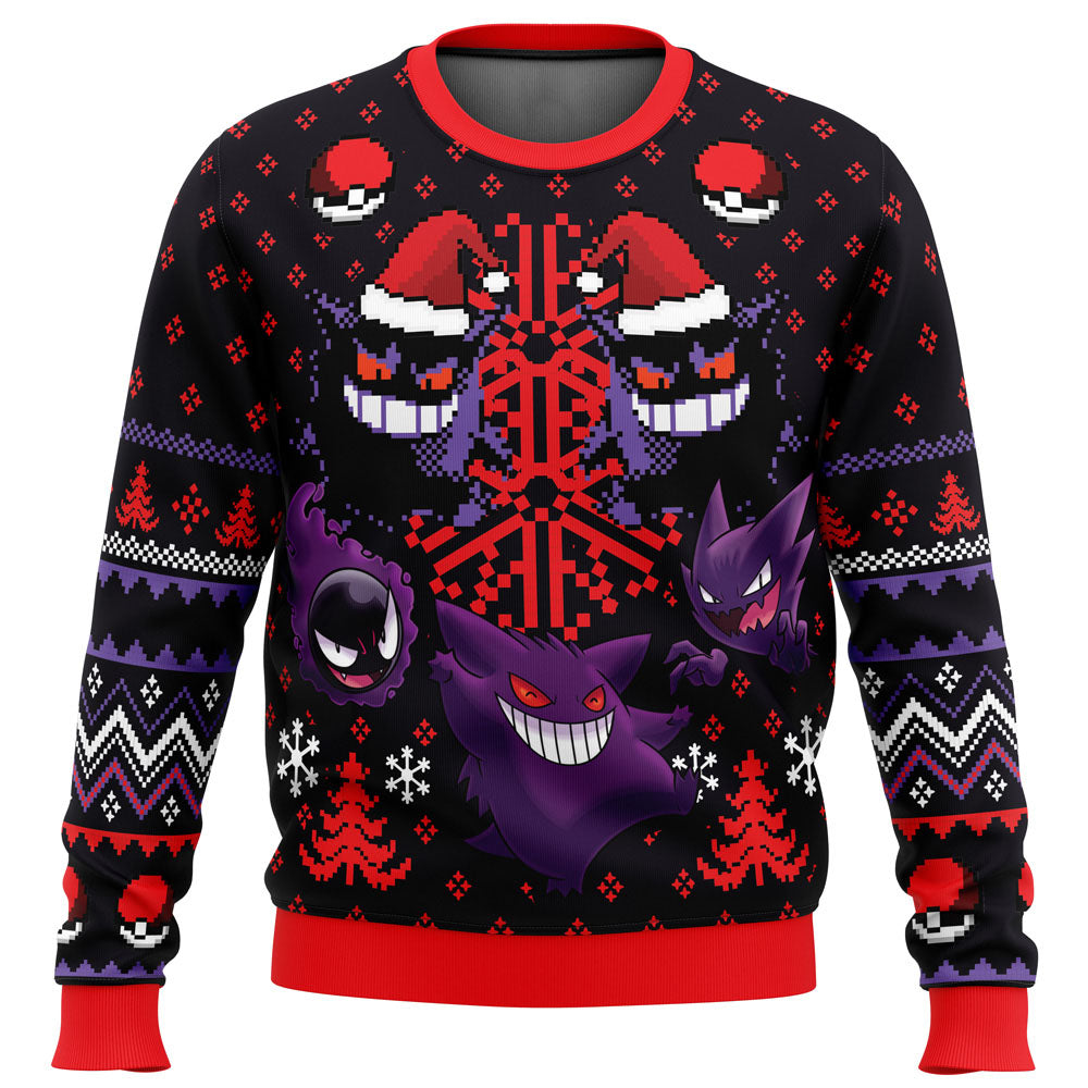 PKM Sweatshirt Ghosts Gengar Gastly Wearing Christmas Hat Sweatshirt Black Red Unisex