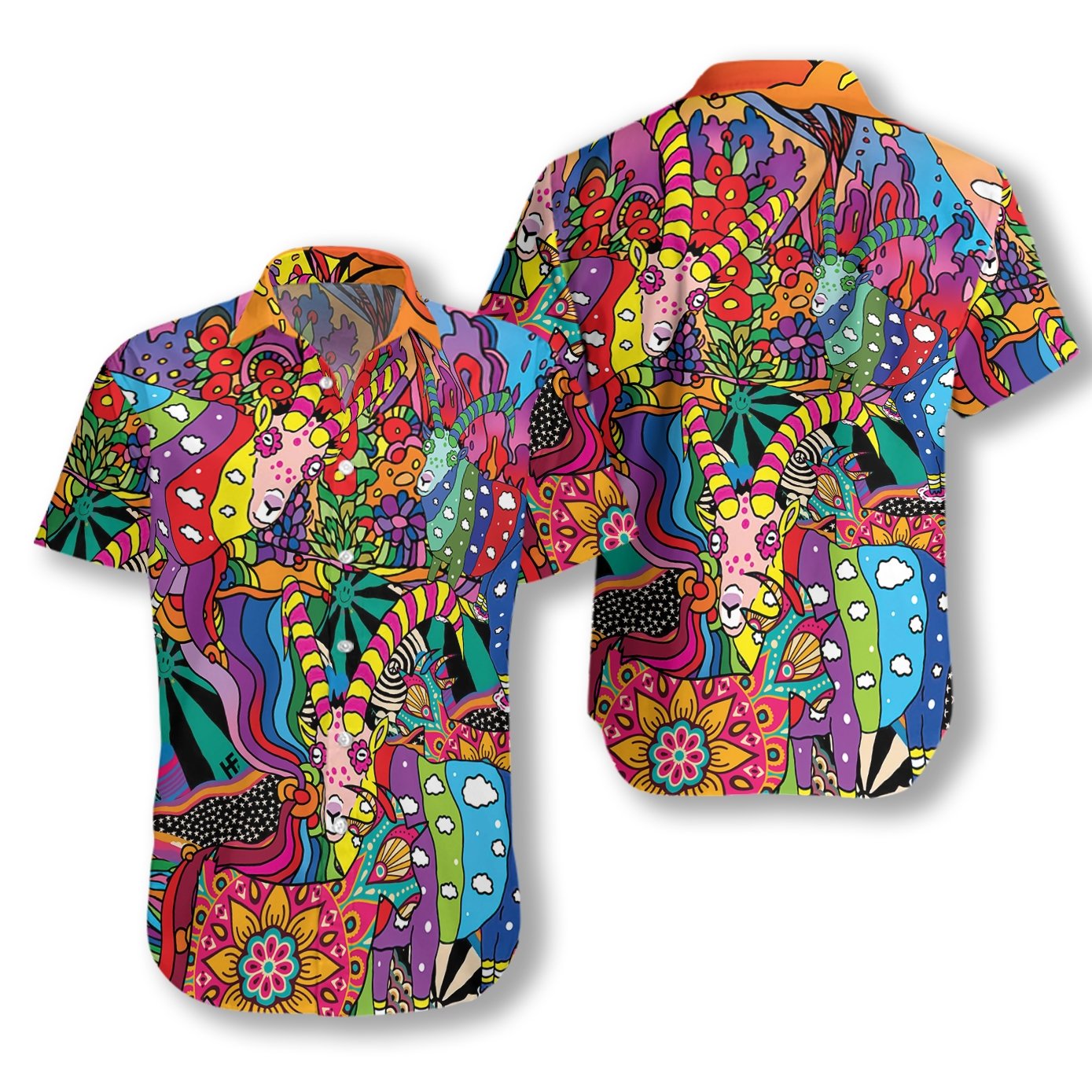  Hippie Shirt Hippie Goat Doodle Pattern Multicolor Hawaiian Aloha Shirt