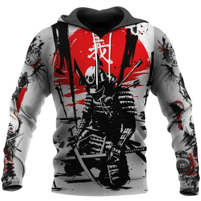  Japan T-shirt Kneeling Samurai Black White Japanese Style T-shirt Hoodie Adult Full Print