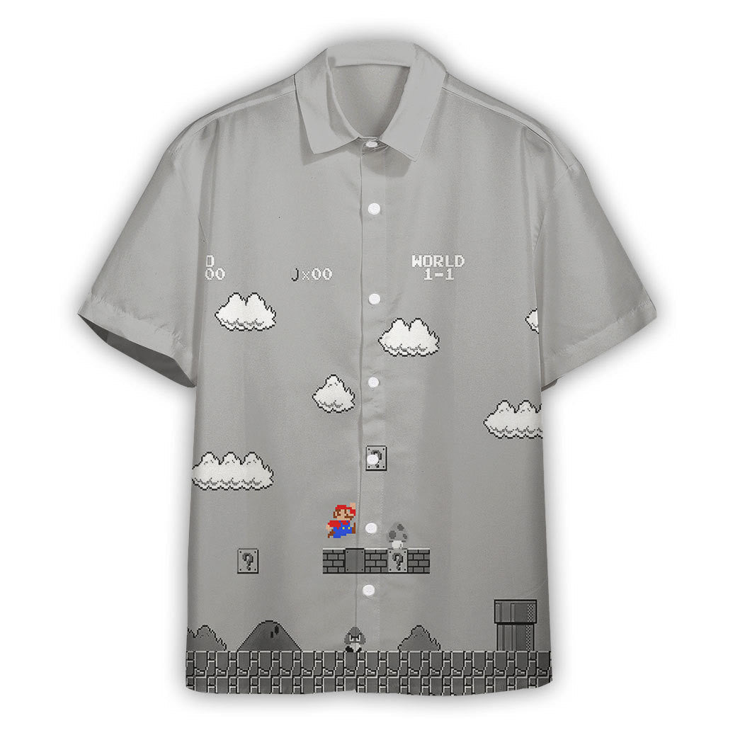 Mario Hawaii Shirt 8Bit Mario World 1-1 Aloha Shirt Gray Unisex