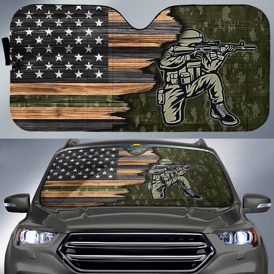 Veteran Car Sun Shade Military Soldier American Flag Camou Windshield Sun Shade