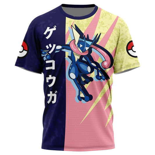 PKM T-shirt PKM Greninja Attack Pose T-shirt Blue Yellow Unisex