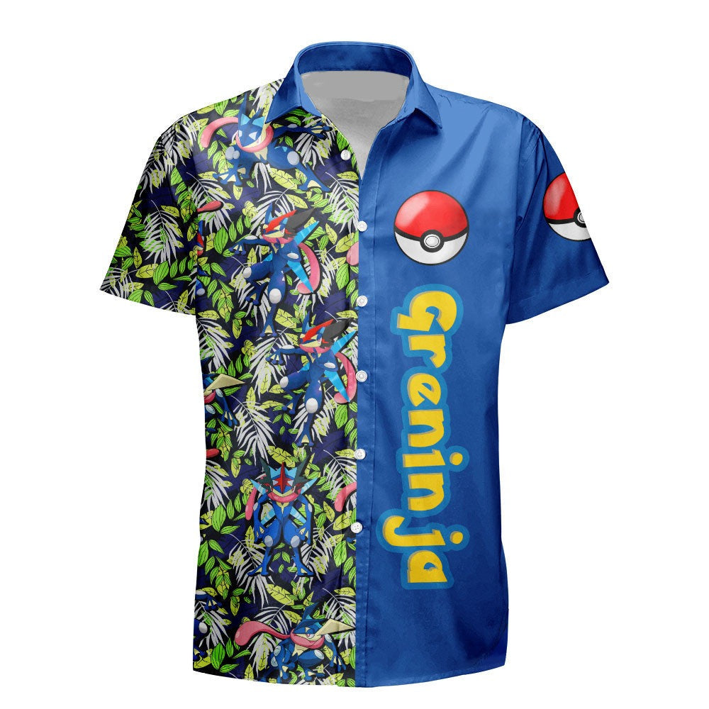 PKM Hawaii Shirt PKM Greninja Tropical Forest Pattern Aloha Shirt Blue Unisex