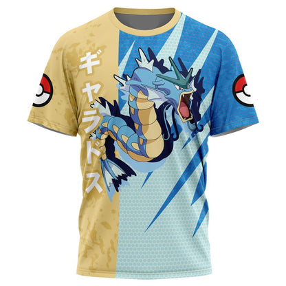 PKM T-shirt PKM Gyarados Attack Pose T-shirt Blue Yellow Unisex