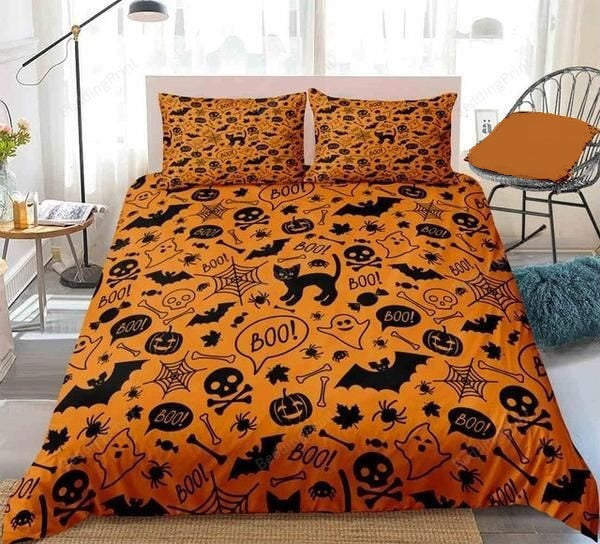 Halloween Bedding Set Halloween Cute Skulls Pumpkins Bats Pattern Duvet Covers Orange Black Unique Gift